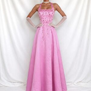 Vintage Y2K Pink Floral Beaded Satin Halter Flared Maxi Formal Prom Dress Size S